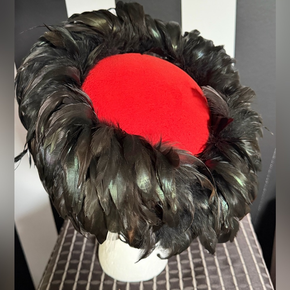 Stunning 60’s Style Vintage Red Bollman Pillbox Statement Hat w/ Black Feathers